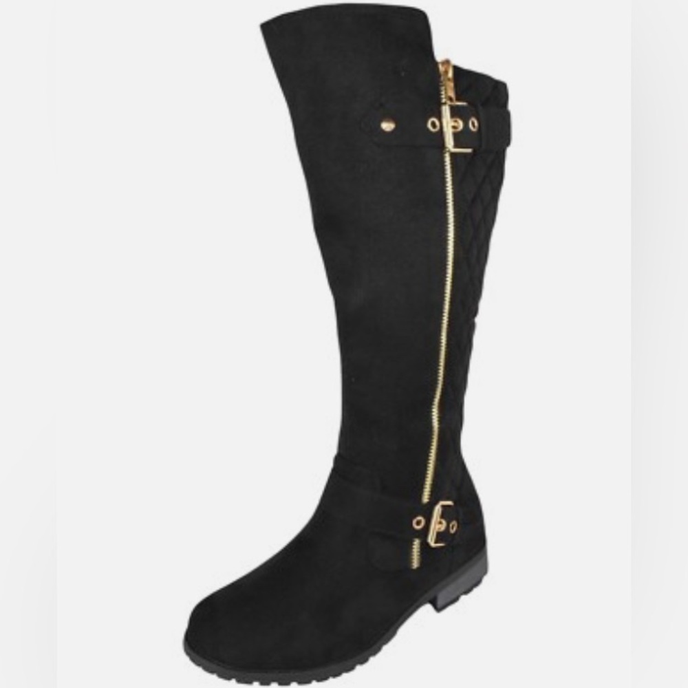 FOREVER Link Mango-23 Suede Knee High Side Zip Riding Boots Black/Gold SZ 7-1/2 - Picture 2 of 11